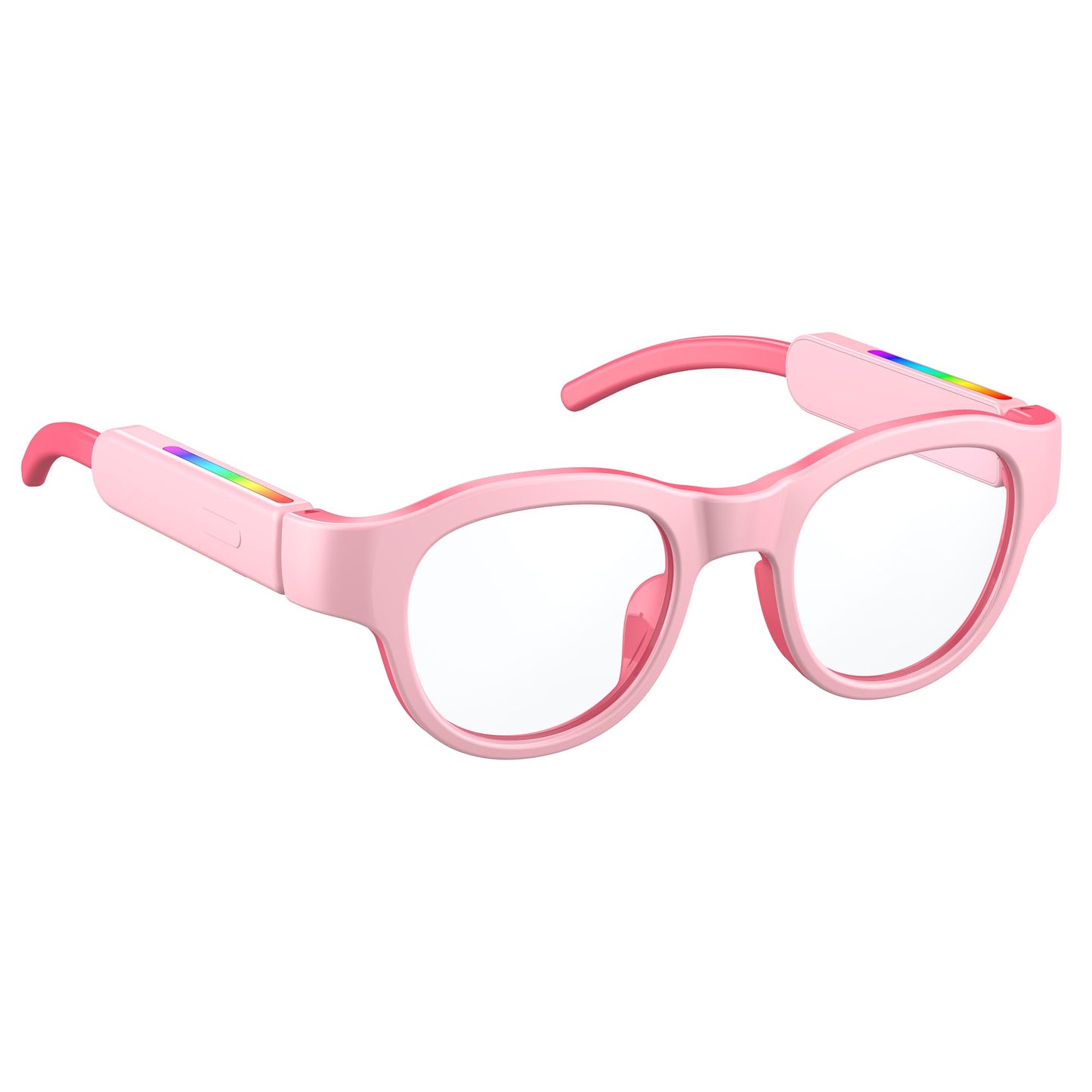 LnycStyle Kids Blue Light Glasses with Bluetooth Audio feature round pink plastic frames, thick arms with RGB 7-color lights, and offer blue light protection. These smart glasses make great gifts for kids and come set against a white background.