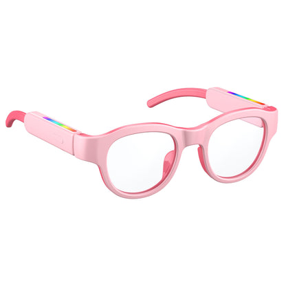 LnycStyle Kids Blue Light Glasses with Bluetooth Audio feature round pink plastic frames, thick arms with RGB 7-color lights, and offer blue light protection. These smart glasses make great gifts for kids and come set against a white background.