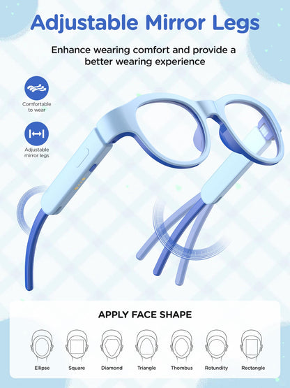 LnycStyle Kids Blue Light Glasses with Bluetooth Audio and RGB 7-color lights, shown above face shape icons, highlight comfort, flexible fit, and blue light protection for all face types—smart glasses perfect as kids' gifts.