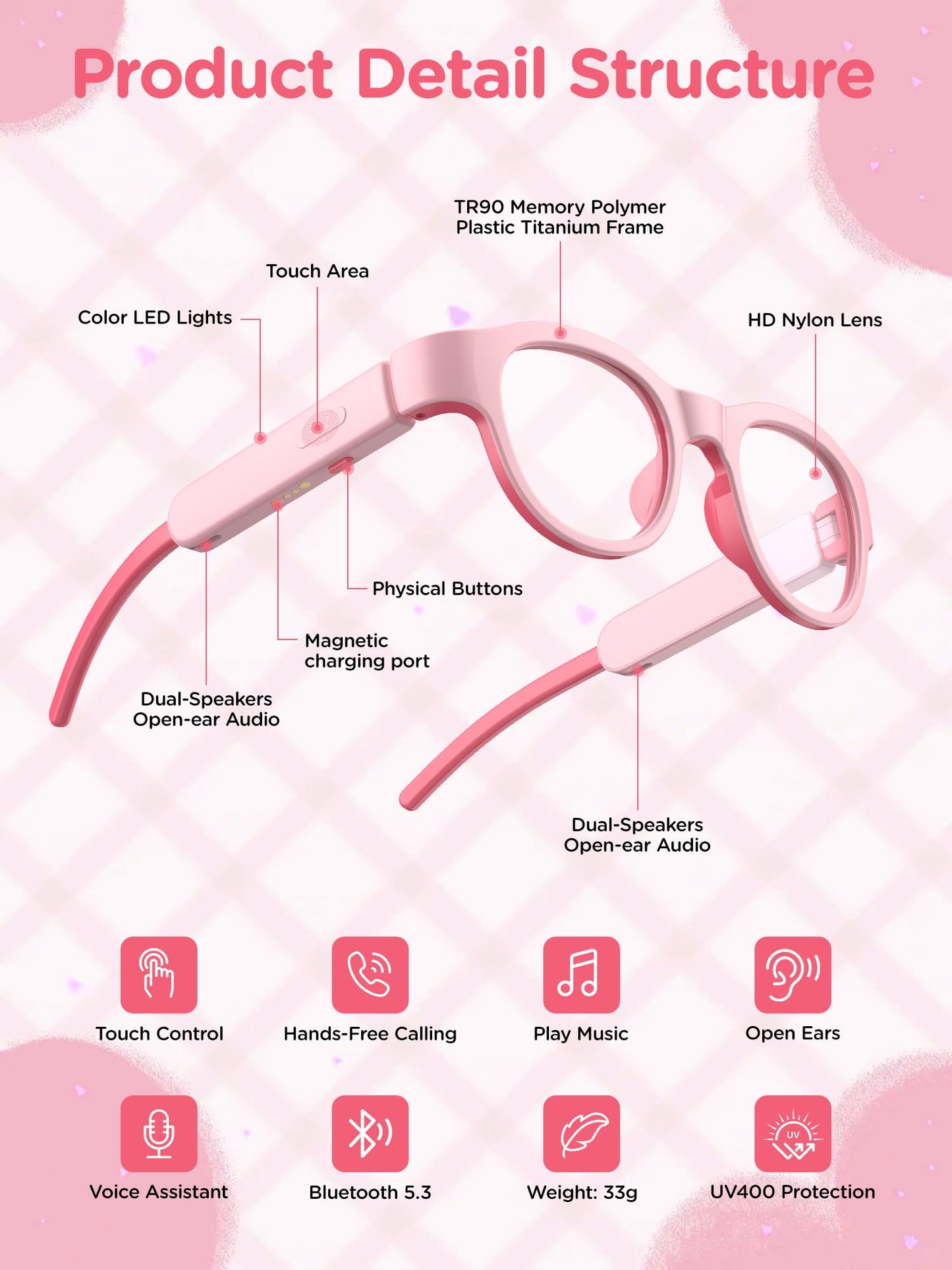 LnycStyle Kids Blue Light Glasses with Bluetooth Audio feature RGB 7-color lights, touch area, TR90 memory polymer frame, HD blue light blocking nylon lenses, magnetic charging port, dual open-ear speakers, and key function icons—great smart glasses gifts.