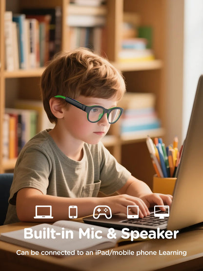 A young boy wears LnycStyle Kids Blue Light Glasses with Bluetooth Audio at a desk. Text: Built-in Mic & Speaker, blue light protection, Bluetooth for iPad/phone. Icons highlight RGB 7-color lights and smart features.