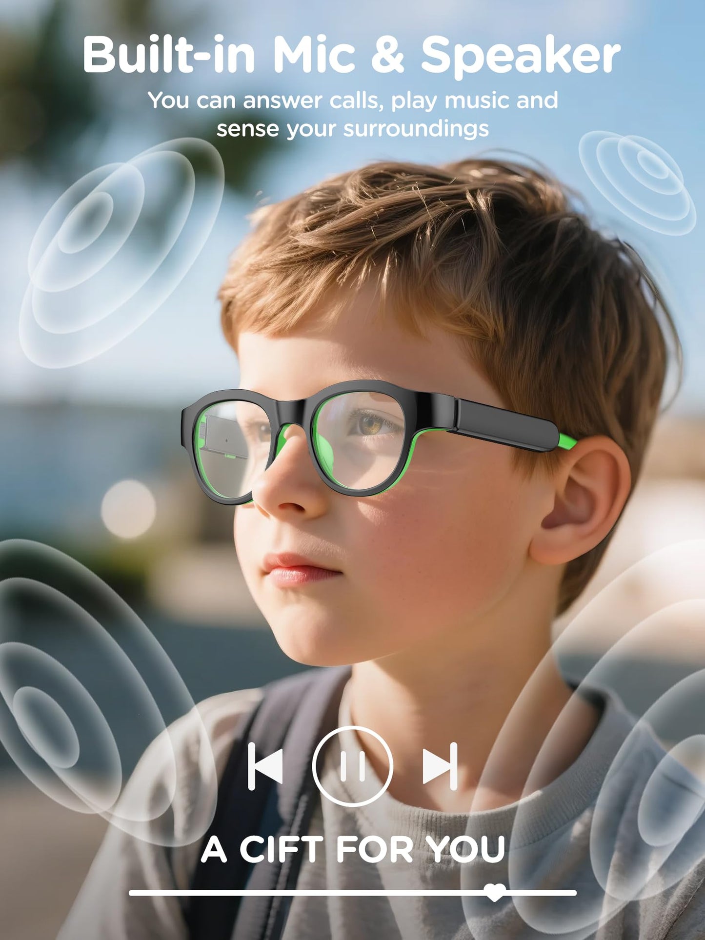 A boy wears LnycStyle Kids Blue Light Glasses with Bluetooth audio outdoors. Sound waves highlight call answering, music play, and environment sensing. RGB 7-color lights glow. A “Smart Glasses Gifts” message appears below.