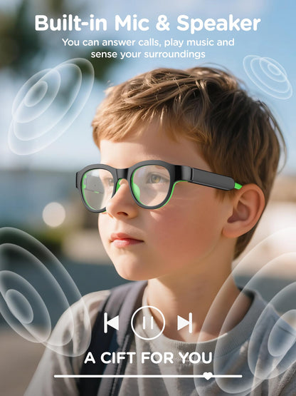 A boy wears LnycStyle Kids Blue Light Glasses with Bluetooth audio outdoors. Sound waves highlight call answering, music play, and environment sensing. RGB 7-color lights glow. A “Smart Glasses Gifts” message appears below.