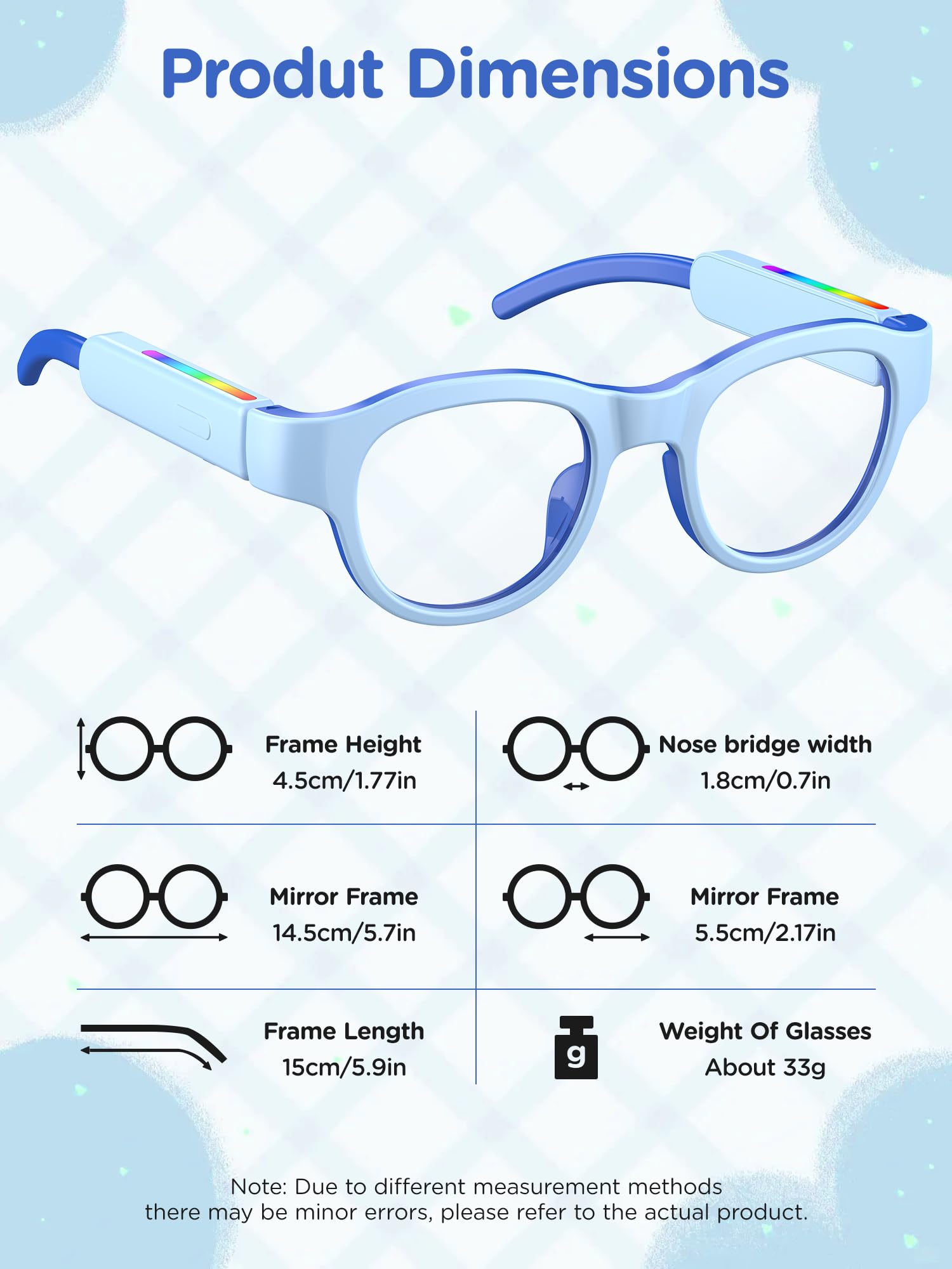 LnycStyle Kids Blue Light Glasses with Bluetooth audio and RGB 7-color lights protect eyes in style. Frame: 4.5cm high, 15cm wide; bridge: 1.8cm; lens: 4.5cm; arm: 15cm; weight: ~33g—fun, smart eyewear for kids!.