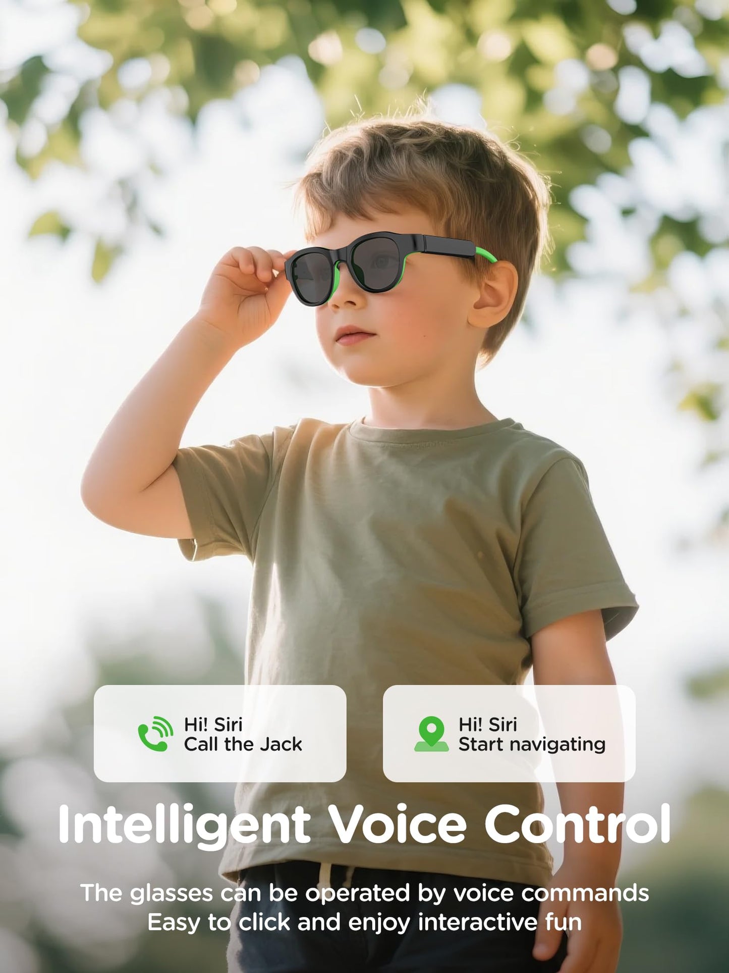 A young boy outdoors touches his LnycStyle Kids Blue Light Glasses with Bluetooth Audio; overlay text shows features like Intelligent Voice Control and Siri commands, highlighting these smart glasses’ voice-activated functions and RGB 7-color lights.