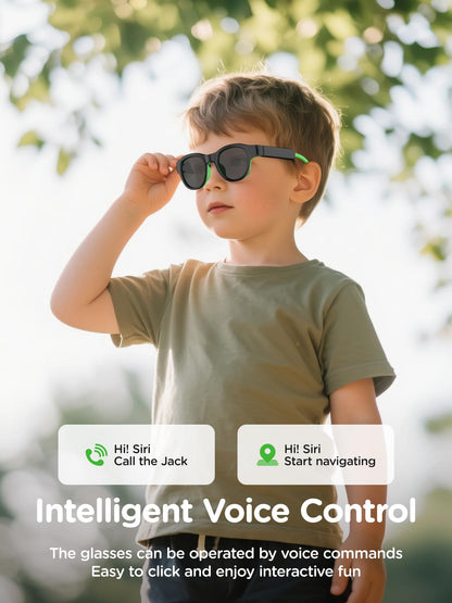 A young boy outdoors touches his LnycStyle Kids Blue Light Glasses with Bluetooth Audio; overlay text shows features like Intelligent Voice Control and Siri commands, highlighting these smart glasses’ voice-activated functions and RGB 7-color lights.