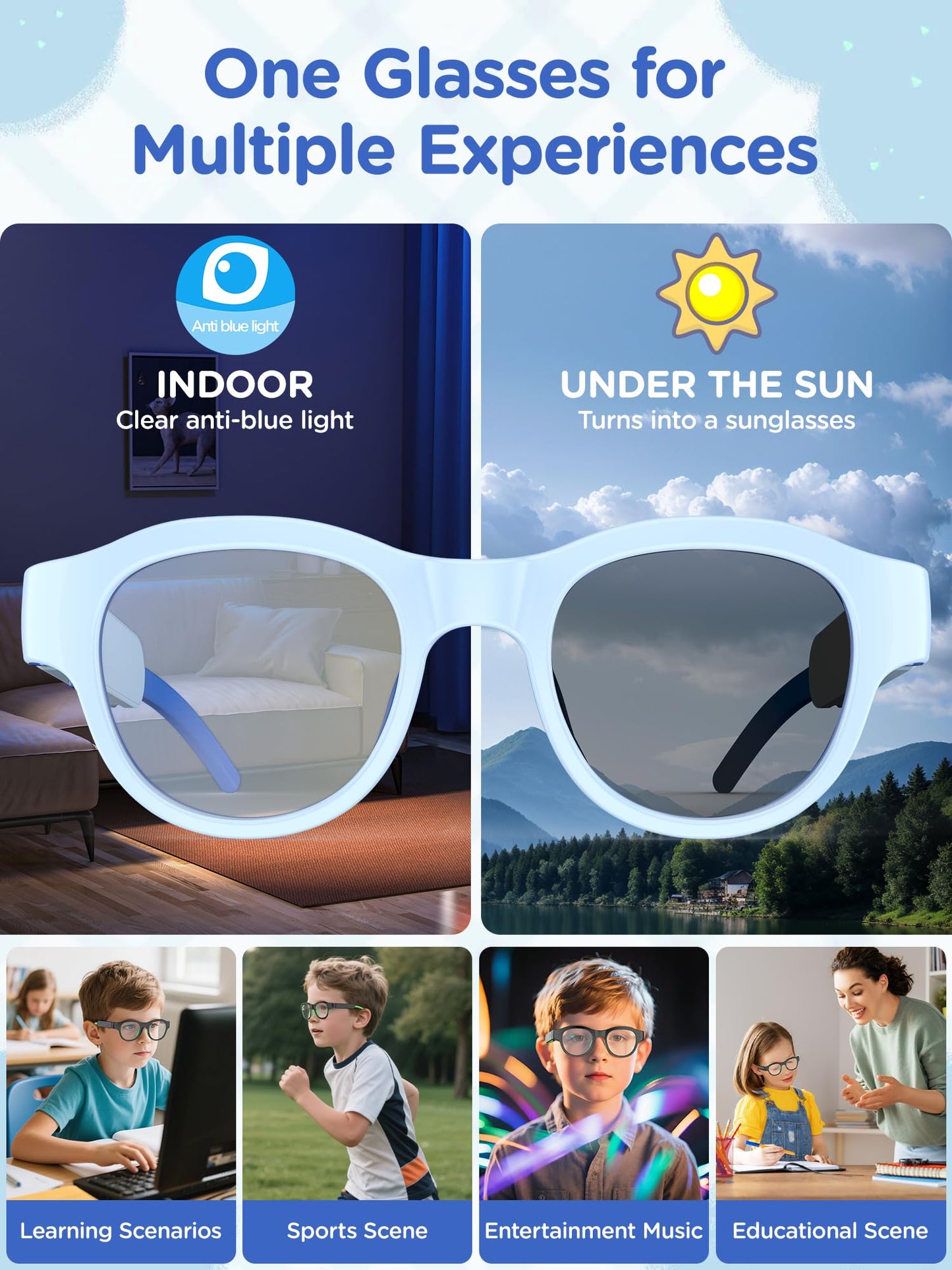 A promotional image for LnycStyle Kids Blue Light Glasses with Bluetooth Audio shows the smart glasses’ clear indoor lenses, outdoor darkening, RGB 7-color lights, and illustrates their use in learning, sports, music, and education settings for kids.