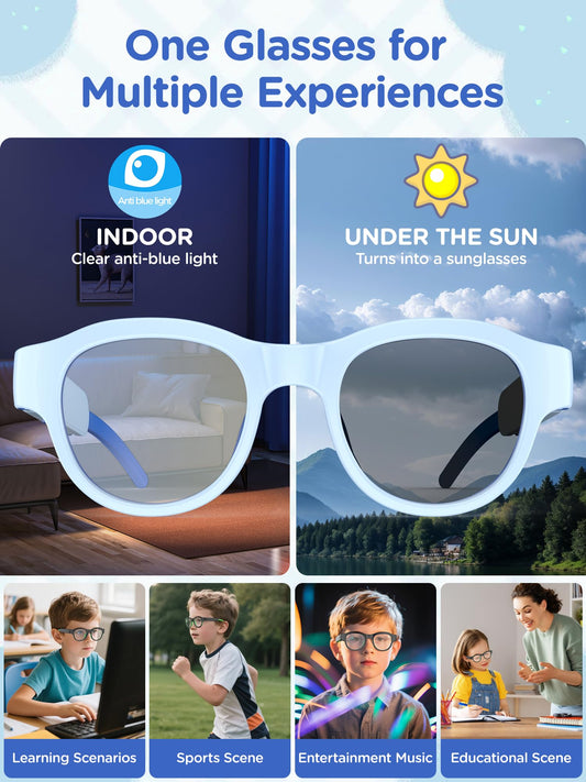 A promotional image for LnycStyle Kids Blue Light Glasses with Bluetooth Audio shows the smart glasses’ clear indoor lenses, outdoor darkening, RGB 7-color lights, and illustrates their use in learning, sports, music, and education settings for kids.